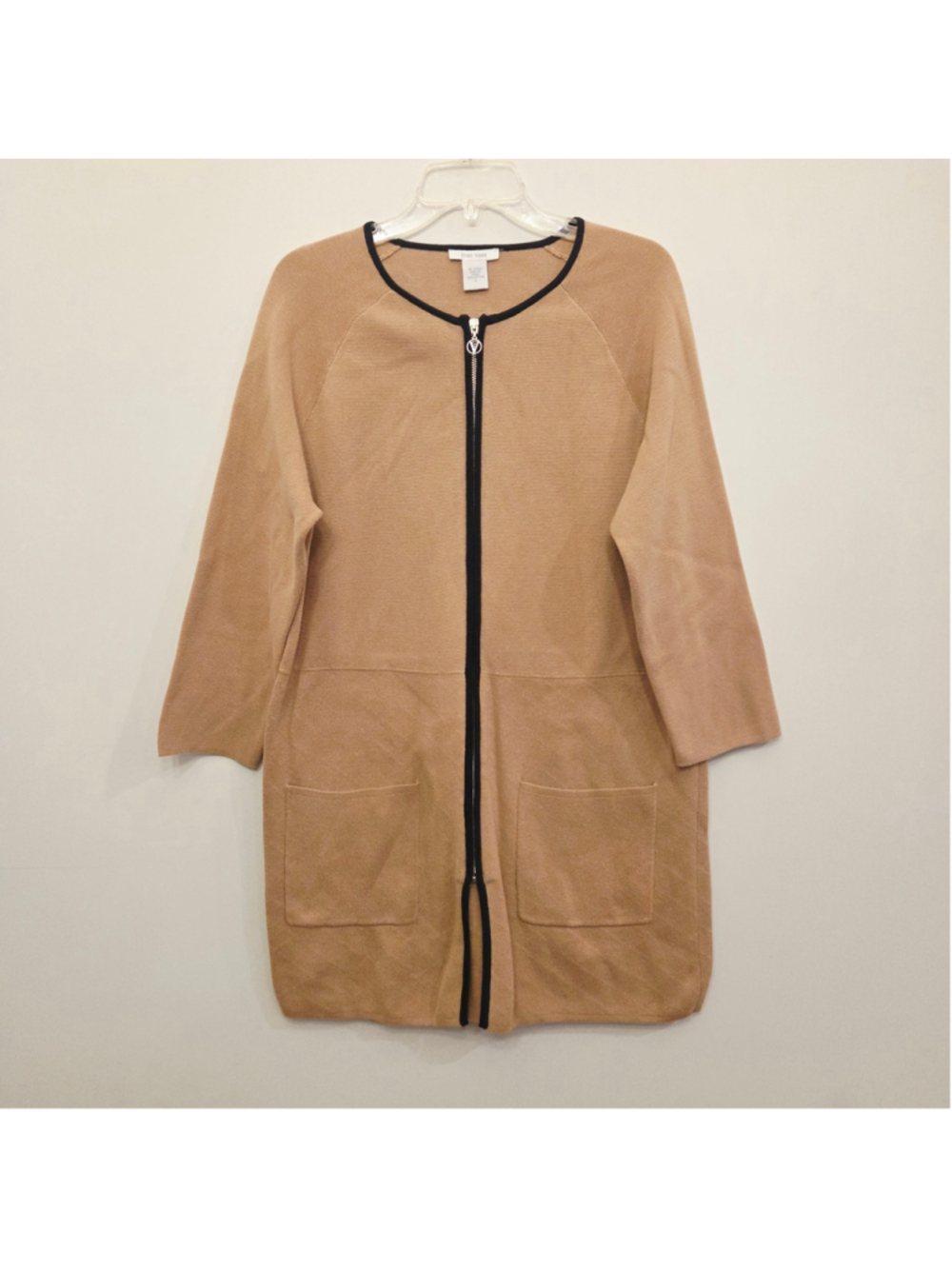 Joan Vass zip front tan with black Cardigan Size Large